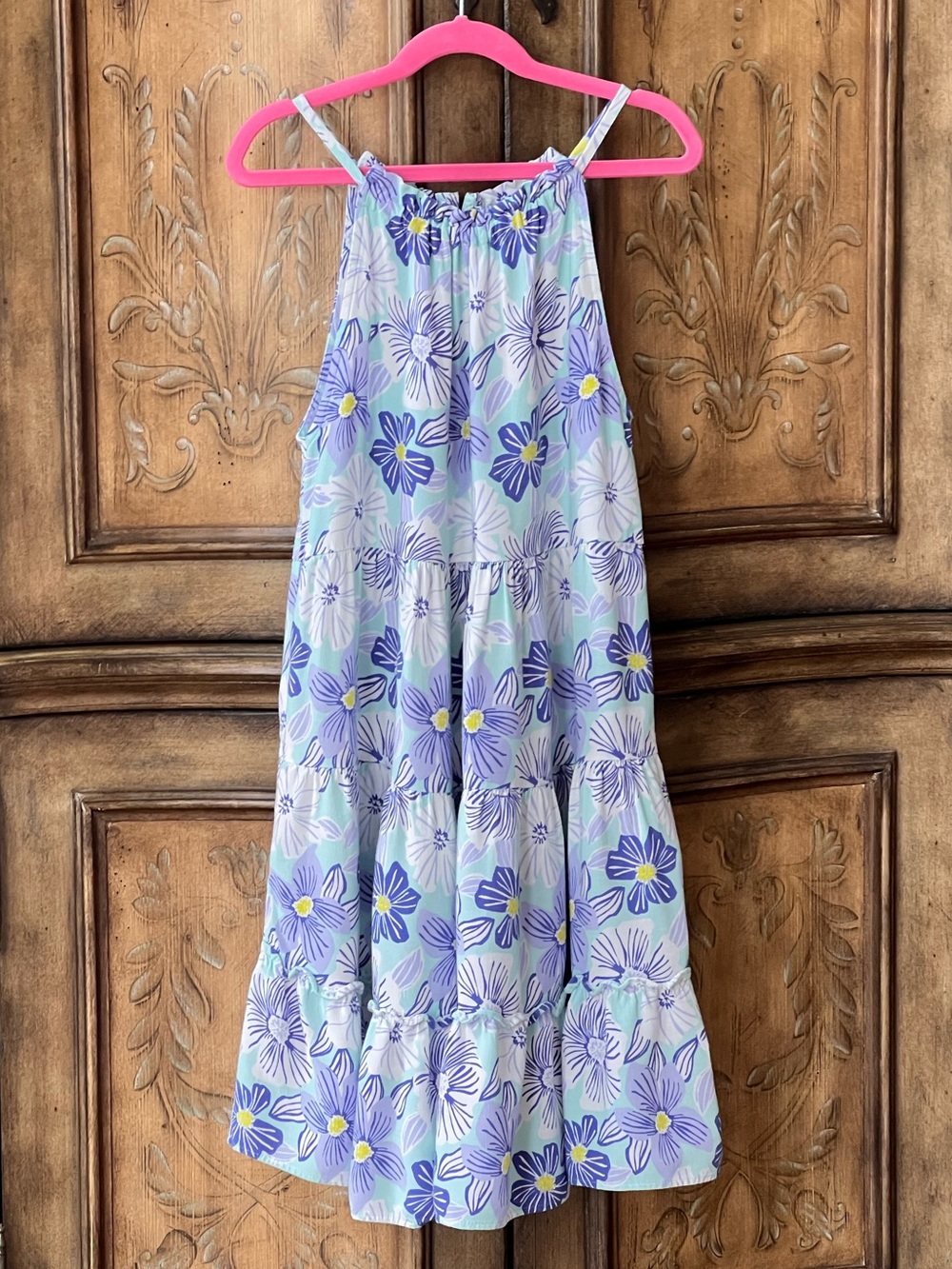 Zara Girls Tropical Floral Tiered Dress Green Lavender White Sz 11/12 fits 10/12